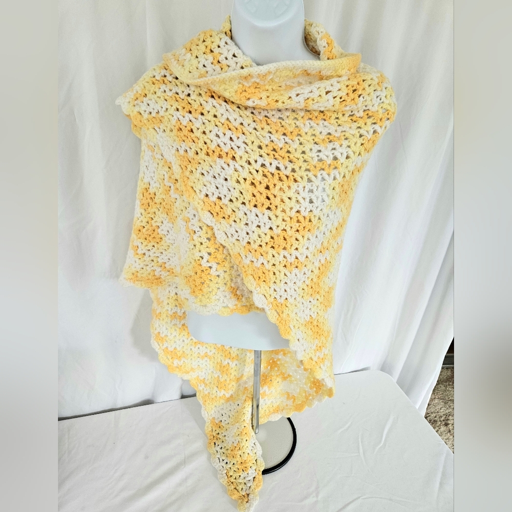 Hand-Crocheted Yellow and White Shawl, Wrap, or Scarf OSFM